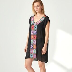 THML Black Crochet Floral Embroidered‎ V-Neck Tunic Dress Swim Coverup Small